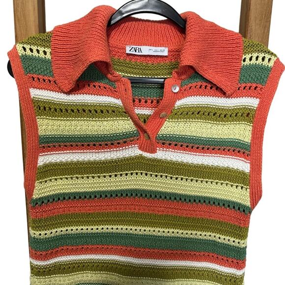 Zara Crochet Knit Dress Sleeveless Collared Colorful Stripes Mini Size Large - Picture 4 of 10